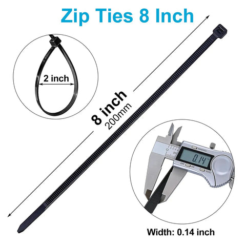 Heavy Duty 150 Pack 8 Inch Black Zip Ties With 40 Lbs Tensile Strength Self Locking Nylon Cable Ties with dimensions