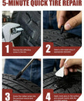 Universal Car Tire Repair Kit With 50 Heavy Duty Rubber Strips Screw In Tool And Two Tubes Sealant Glue Emergency Puncture Fixes, step-by-step tire repair process.