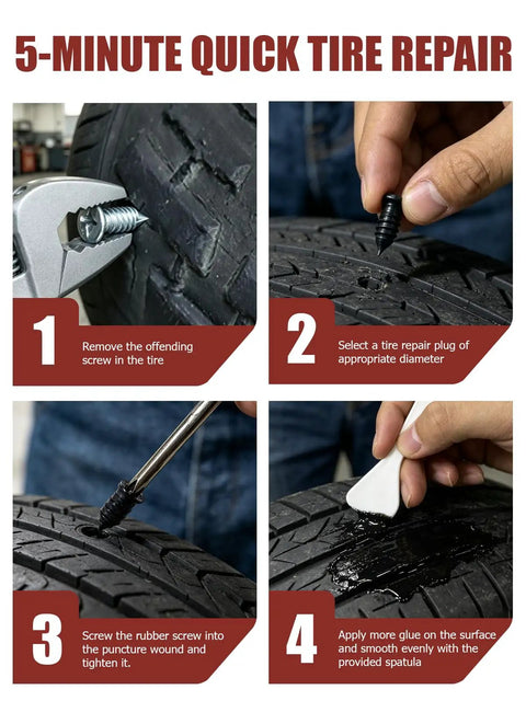 Universal Car Tire Repair Kit With 50 Heavy Duty Rubber Strips Screw In Tool And Two Tubes Sealant Glue Emergency Puncture Fixes, step-by-step tire repair process.