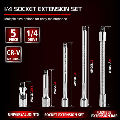 1/4 Inch Drive Extension Bar Set With 2, 4, And 6 Inch Extensions, Universal Joint Socket and Flexible Socket Extension