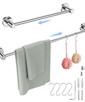 2 Pack Adjustable Single Bath Towel Bars 16 To 27 Point 6 Inches Chrome Finished Stainless Steel Towel Holder Hanger Wall Mounted Towel Rail For Bathroom Kitchen Washroom 1 Inch Tubes Quick Dry And Space Saving shown with towels and hooks