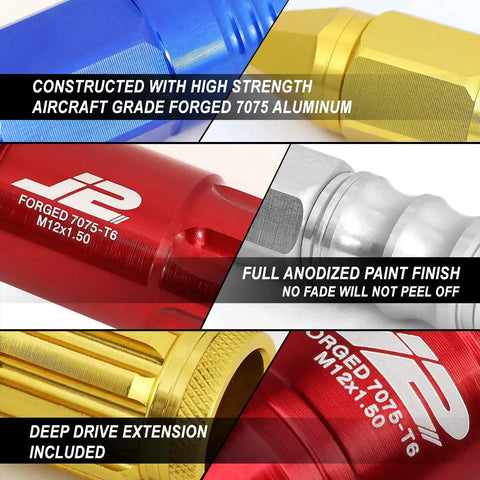 Close-up of 16 Piece 7075 Aluminum Open End Lug Nuts M12 X 1.5 with 4 Lock Nuts and Key, showing anodized finish and construction
