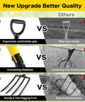 Comparison of ergonomic D-grip, stabilizer, and 4-tine fork in yellow finish; 4 Tine Heavy Duty Garden Fork With Ergonomic No Slip D Grip Handles 45 Inch Long