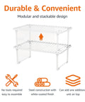 Stackable Metal Wire Racks For Kitchen Cabinets And Pantries Beat The Kitchen Chaos Easy Storage Solutions Heavy Duty Steel Organizer Shelves Set Of Two modular white wire shelving units with two tiers.