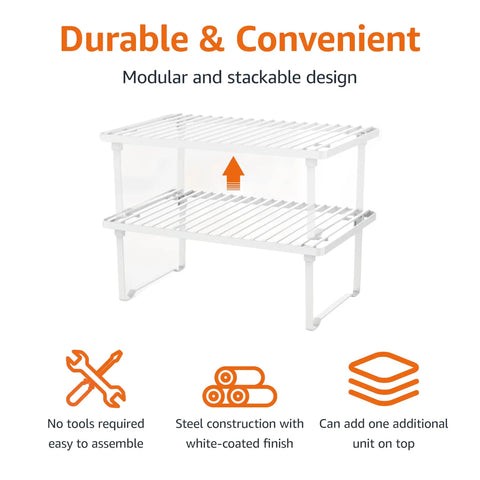 Stackable Metal Wire Racks For Kitchen Cabinets And Pantries Beat The Kitchen Chaos Easy Storage Solutions Heavy Duty Steel Organizer Shelves Set Of Two modular white wire shelving units with two tiers.