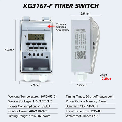 Rock Solid Heavy Duty Waterproof Programmable Timer Switch For Indoor And Outdoor Use Controls Christmas Lights Fountains Aerators With Plug And Play Schedule Setup, digital timer with display and programming buttons, dimensions 5.3x2.9 inches.