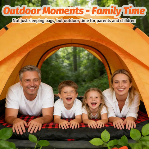 Family enjoying Two Person Double Sleeping Bag With Two Pillows in a tent, showcasing camping comfort outdoors.
