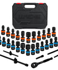 32-Piece Workhorse 1/4 Inch Drive Swivel Socket Set With 6 Point CR-MO Wobble Sockets, Ratchet Handle, Extensions And Adapter