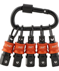 Half Inch Socket Holder Keychain 5 Pack With Heavy Duty Quick Release Clip And Locking Mechanism For Mechanics Linemen And Industrial Pros Easy One Hand Access On Belt Socket Organizer displaying red quick-release clips on a black carabiner.