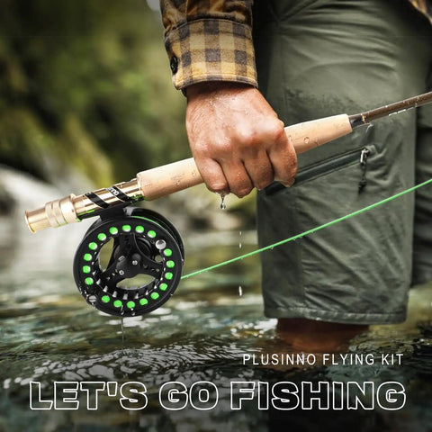 Angler holding a 4 Piece Lightweight Nine Foot Graphite Fly Rod And Reel Combo Five Six Weight Starter Kit No Frills