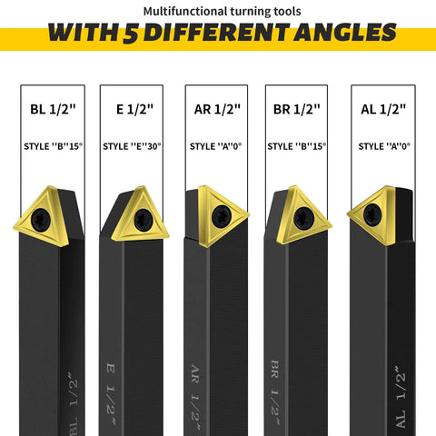 Indexable Carbide Lathe Tool Holder Set Five Pieces With Tin Coated Inserts Half Inch Shank For Turning Grooving Threading And Boring