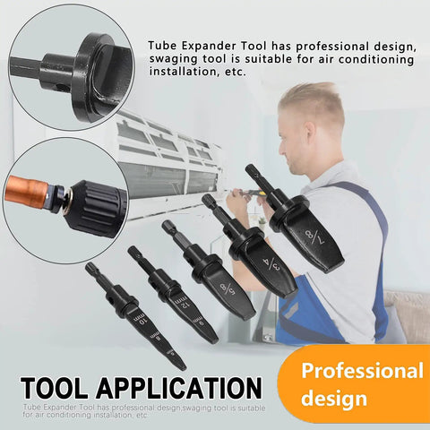 5Pcs Hex Handle AC Copper Pipe Swaging Tool Set High Speed Steel Tube Expander Drill Bits For HVAC Installers displayed in use for installation.