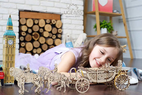 Royal Wedding Carriage Mechanical Wooden Model Kit With Four Horses, Vintage Carriage Replica For Builders, Realistic Leather Seat Interior, Royal Coat Of Arms Details, Gears And Moving Parts For A Satisfying DIY Project. Wooden four-horse carriage model beside Big Ben