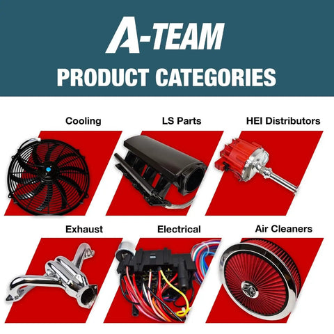 A-Team product categories including 16 Inch Electric Radiator Cooling Fan Kit With Reversible Push-Pull, auto parts display