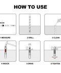 Installation steps for Beefed-Up Wedge Anchors For Concrete And Cement Beams And Machinery Party Animals Three Eighths By Seven Inches Zinc Plated Five Piece Anchor Bolts Set For Industrial Concrete Installations.