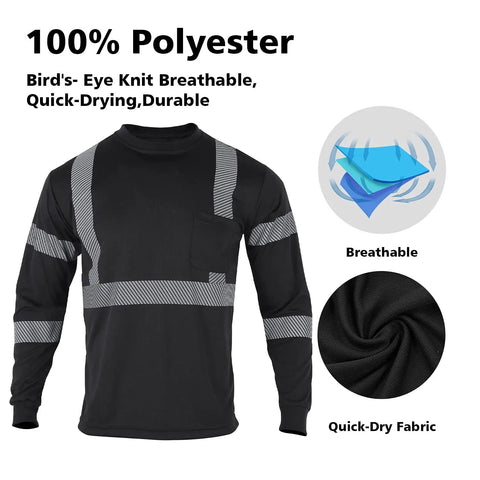 Hi Vis Safety Long Sleeve Shirt ANSI Class 2 Reflective Construction Workwear For Men Women Black 2XL Breathable 100% Polyester