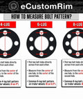 Diagram illustrating how to measure 4-lug, 6-lug, and 8-lug bolt patterns for trailer wheels.