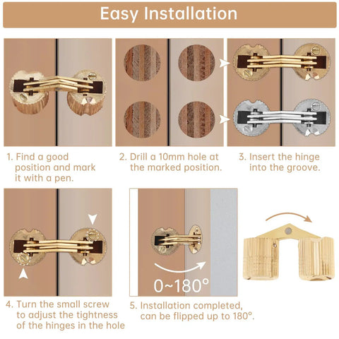 Installation steps for Hidden Brass Barrel Hinges Set with Drill Bit for Wooden Boxes, 16 Piece Kit includes 8mm and 10mm hinges.