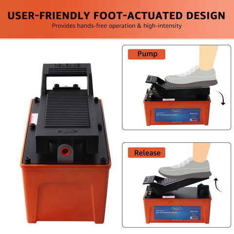 Heavy Duty 10,000 PSI Air Hydraulic Pump With Half Gallon Reservoir, Foot Operated, Workhorse Overload Protection With Internal Pressure Relief Valve, Two Stage Release For Quick Or Metered Ram Return, orange and black