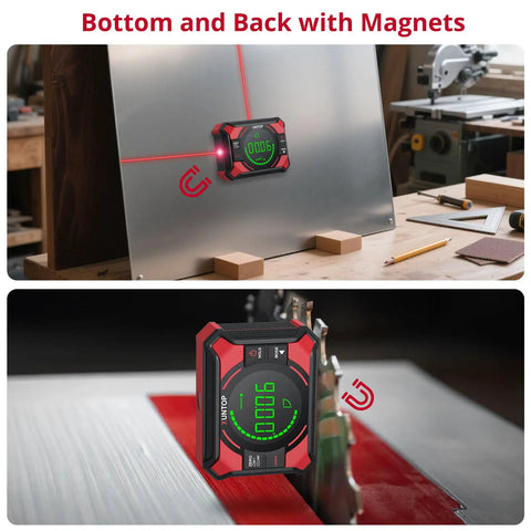 Digital Angle Finder With Dual Laser Level, Inclinometer And Electronic Level, 0-180° Range, Precise to ±0.1° At 0°/90°, 0.05° Resolution, LED Readout And Beep Alerts, Handy 3-In-1 Tool For Leveling, Angles, And Hanging. magnetic digital angle finder with dual laser on metal panel