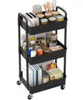 3 Tier Plastic Rolling Utility Cart With Handle For Office Kitchen And Living Room, loaded with jars and books, black with wheels