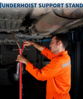 Underhoist support stand in use by mechanic adjusting height under vehicle with Built Different 2 Ton Folding Engine Hoist Paired With 3 4 Ton Under Hoist Support Stand Featuring Adjustable Boom And Rust Resistant Coating For Real Garage Hustle.