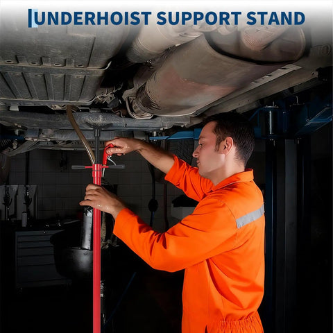 Underhoist support stand in use by mechanic adjusting height under vehicle with Built Different 2 Ton Folding Engine Hoist Paired With 3 4 Ton Under Hoist Support Stand Featuring Adjustable Boom And Rust Resistant Coating For Real Garage Hustle.