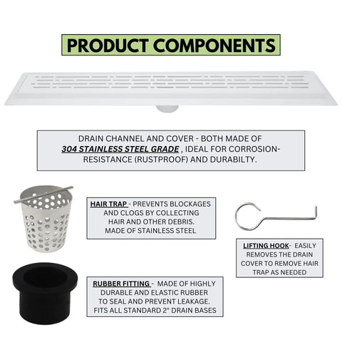 Product components of Rock Solid 304 Stainless Steel Linear Shower Drain Kit With Matte White Grid and Broad Hair Catcher.