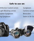 ZEISS lens care kit for eyeglasses and optics; camera gear, binoculars, and sunglasses on blue background