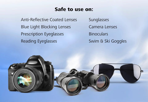 ZEISS lens care kit for eyeglasses and optics; camera gear, binoculars, and sunglasses on blue background