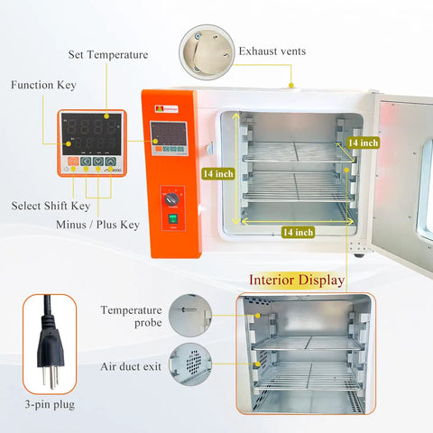 Digital Forced Air Drying Oven With Temperature Control And Adjustable Fan 14x14x14 Inch Chamber Kiln Style Heating Oven interior view