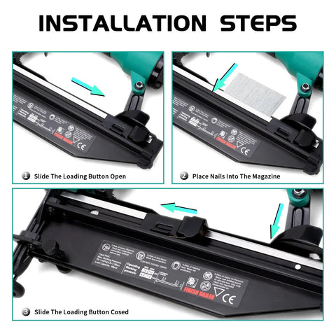 Installation steps for Go To Pro Grade Finish Nailer 16 Gauge Pneumatic Nail Gun With 1 Inch To Two And A Half Inch Nails