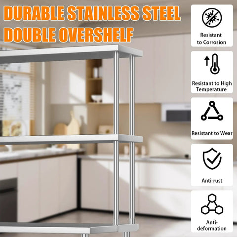 Beast Mode Two Tier Stainless Steel Overshelf For Work Tables Heavy Duty Commercial Double Shelf Rack No Sweats Adjustable Design Holds Heavy Loads Rock Solid Kitchen Restaurant Garage Storage Solution