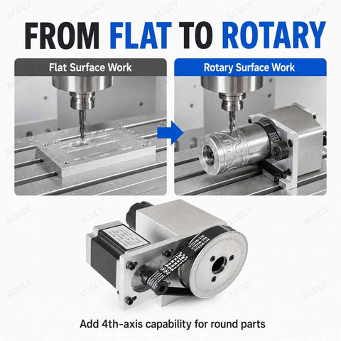 Kick Your CNC Router Setup Right Up With This Heavy Duty 4th Axis Rotary Table Boasting A NEMA 57 Stepper Motor ER32 Collet Chuck And Buttery Smooth Spinning Hollow Shaft Ideal For Cylindrical Engraving Milling And Custom Fabrication Jobs featuring flat to rotary machining transformation.