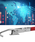 Close-up of J Hook Toggle Clamp Stainless Steel Heavy Duty Hold Down Clamp for Woodworking Projects with red handle