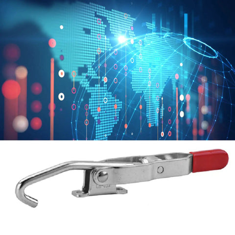 Close-up of J Hook Toggle Clamp Stainless Steel Heavy Duty Hold Down Clamp for Woodworking Projects with red handle