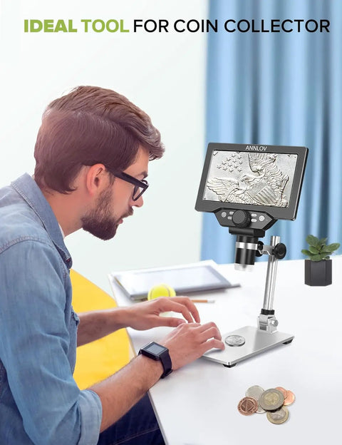 7-Inch LCD Digital Microscope With 1200X Magnification, 1080P Video, Coin Microscope, Metal Stand, 12MP Ultra-Precise Focusing Camera, 8 LED Fill Lights, Windows and Mac Compatible, Ideal for Curious Adults and Hobbyists Who Want Dope Detail.