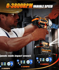 Worker using Half Inch Cordless Impact Wrench With High Torque Brushless Motor 900 Ft-Lb 1200 Nm 3800 RPM Three-Speed LED Light