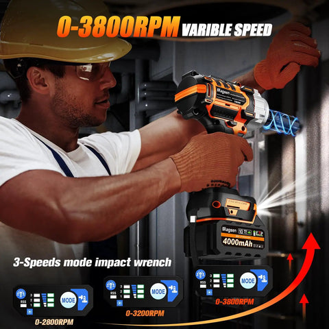 Worker using Half Inch Cordless Impact Wrench With High Torque Brushless Motor 900 Ft-Lb 1200 Nm 3800 RPM Three-Speed LED Light