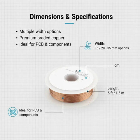 Desoldering Solder Wick Braid Tool With No Clean Flux Core For Electronic Repair And Component Removal Precision Woven Copper Solder Wick 5ft Roll For Daily Use With Capillary Action PCB Repair Desoldering Available In 15 20 25 30 35mm Widths shown in roll with size details.