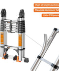 Heavy-Duty Telescoping A-Frame Ladder 12.5 Ft With Dual Locks, Triangular Stabilizers, And 330 Lb Capacity, aluminum frame