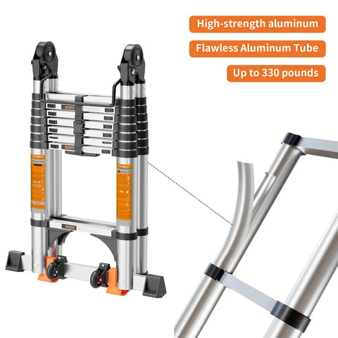 Heavy-Duty Telescoping A-Frame Ladder 12.5 Ft With Dual Locks, Triangular Stabilizers, And 330 Lb Capacity, aluminum frame