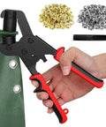All In One Grommet Kit With 3/8 Inch Eyelets And Handheld Pliers 500 Pcs Including 250 Silver And 250 Gold Brass Grommets For Tarps Leather Paper Flags Quick And Easy Hole Punch Tool For DIY Projects showing pliers in use on fabric