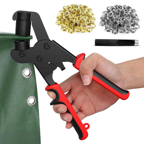 All In One Grommet Kit With 3/8 Inch Eyelets And Handheld Pliers 500 Pcs Including 250 Silver And 250 Gold Brass Grommets For Tarps Leather Paper Flags Quick And Easy Hole Punch Tool For DIY Projects showing pliers in use on fabric