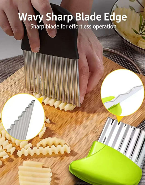 Front view of green-handled 4-piece stainless steel crinkle cutter set for vegetables
