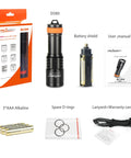 D580 Scuba Dive Light 530 Lumens Underwater Flashlight With 6 Degree Narrow Beam IP68 Waterproof with accessories displayed