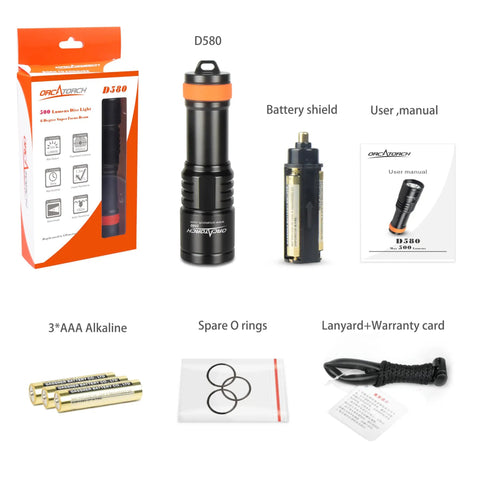 D580 Scuba Dive Light 530 Lumens Underwater Flashlight With 6 Degree Narrow Beam IP68 Waterproof with accessories displayed