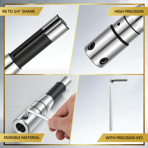 Composite image of Annular Cutter Arbor Adapter R8 to Three Quarter Inch Weldon Shank showcasing precision key and durable steel