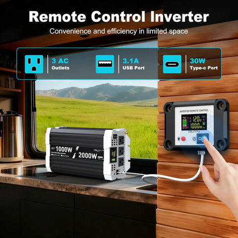 Legit 1000 Watt Pure Sine Wave Inverter Converts 12V DC To 120V AC Without The Headache featuring three AC outlets and a remote controller.