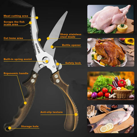 Heavy Duty Kitchen Shears Two Pack Poultry And Meat Scissors Set Bone Cutting Scissors For Cooking And Grilling Durable Stainless Steel Easy Clean Multipurpose Kitchen Must Have, stainless steel shears with wood handle and safety lock